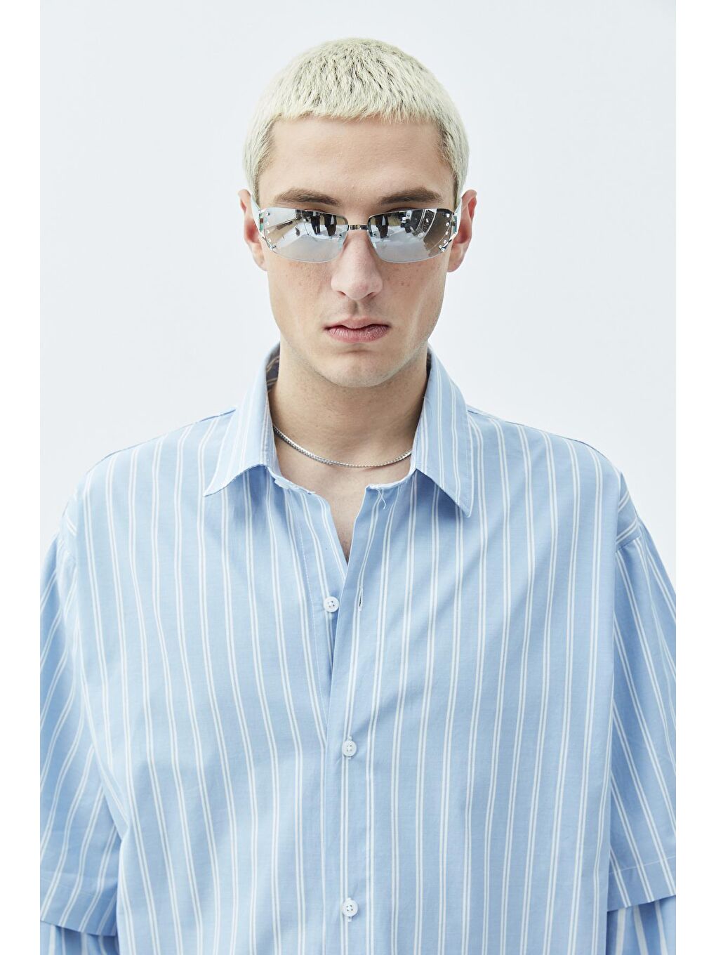 Mavi Kol Detaylı Oversize Çizgili Gömlek-mavi-4