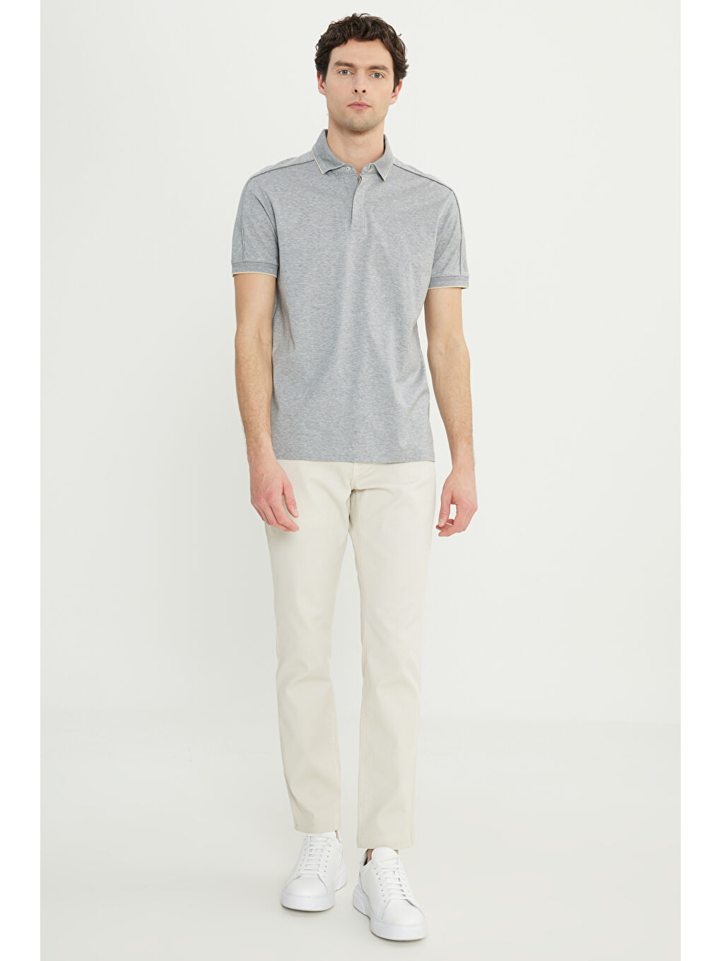 Erkek Gri Melanj %100 Pamuk Slim Fit Dar Kesim Polo Yaka Tişört-1