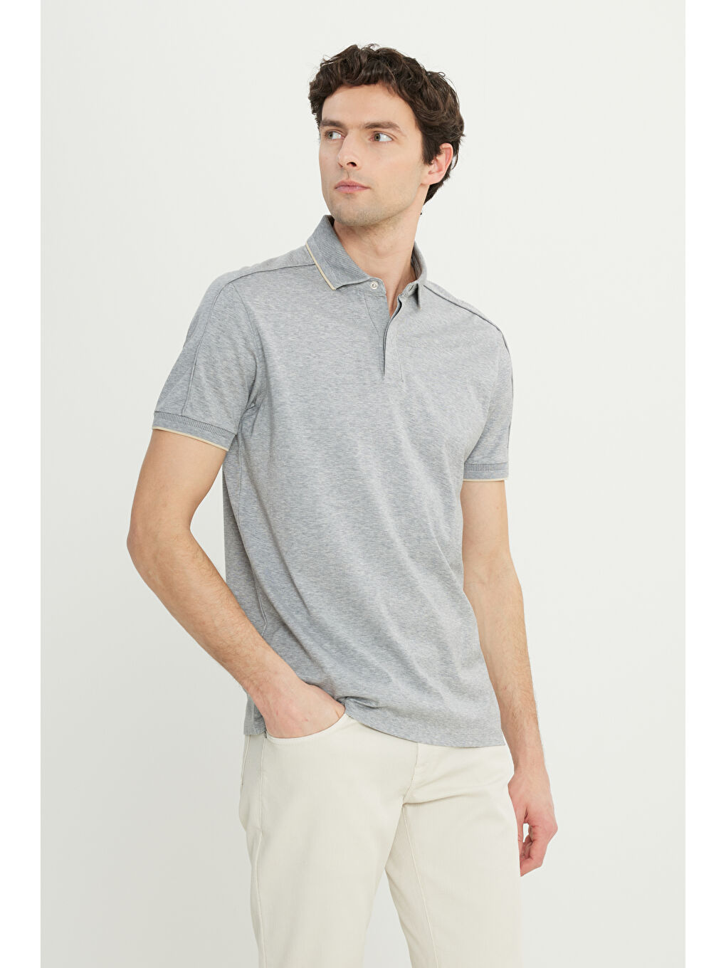 Erkek Gri Melanj %100 Pamuk Slim Fit Dar Kesim Polo Yaka Tişört-2