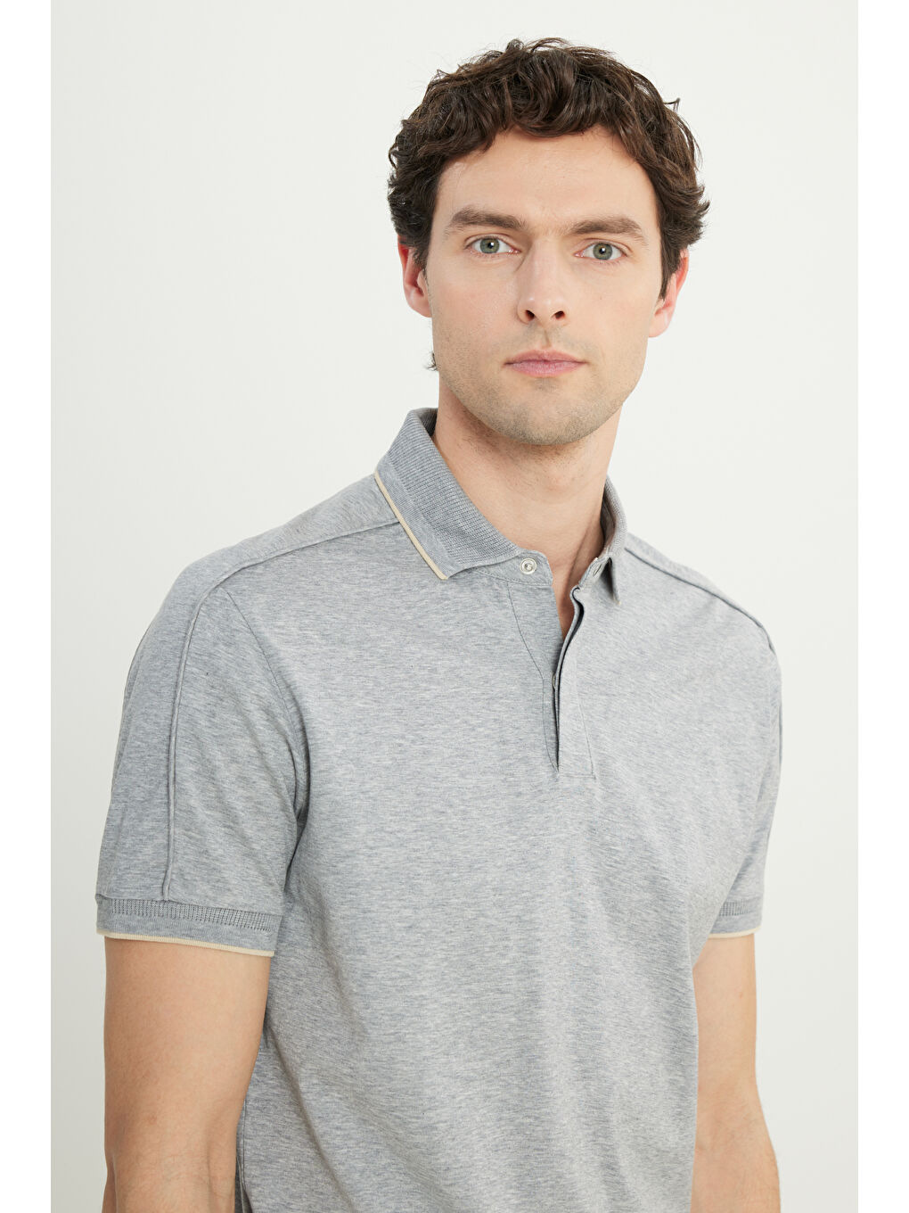 Erkek Gri Melanj %100 Pamuk Slim Fit Dar Kesim Polo Yaka Tişört-3