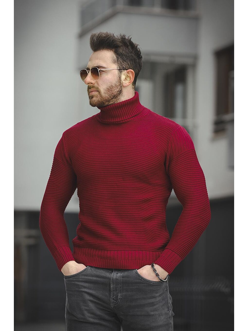 Bordo Çizgili Slim Fit Erkek Boğazlı Kazak-1