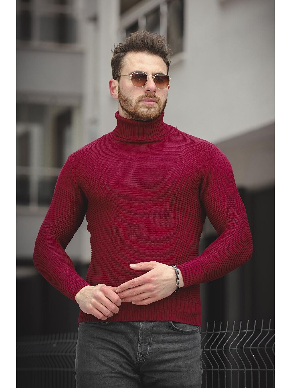 Bordo Çizgili Slim Fit Erkek Boğazlı Kazak-2