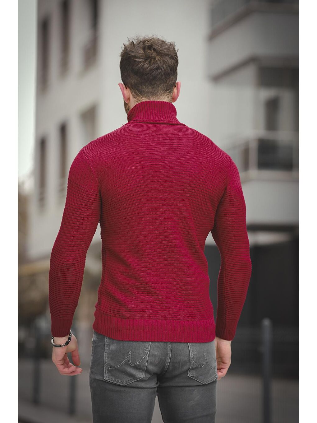 Bordo Çizgili Slim Fit Erkek Boğazlı Kazak-3