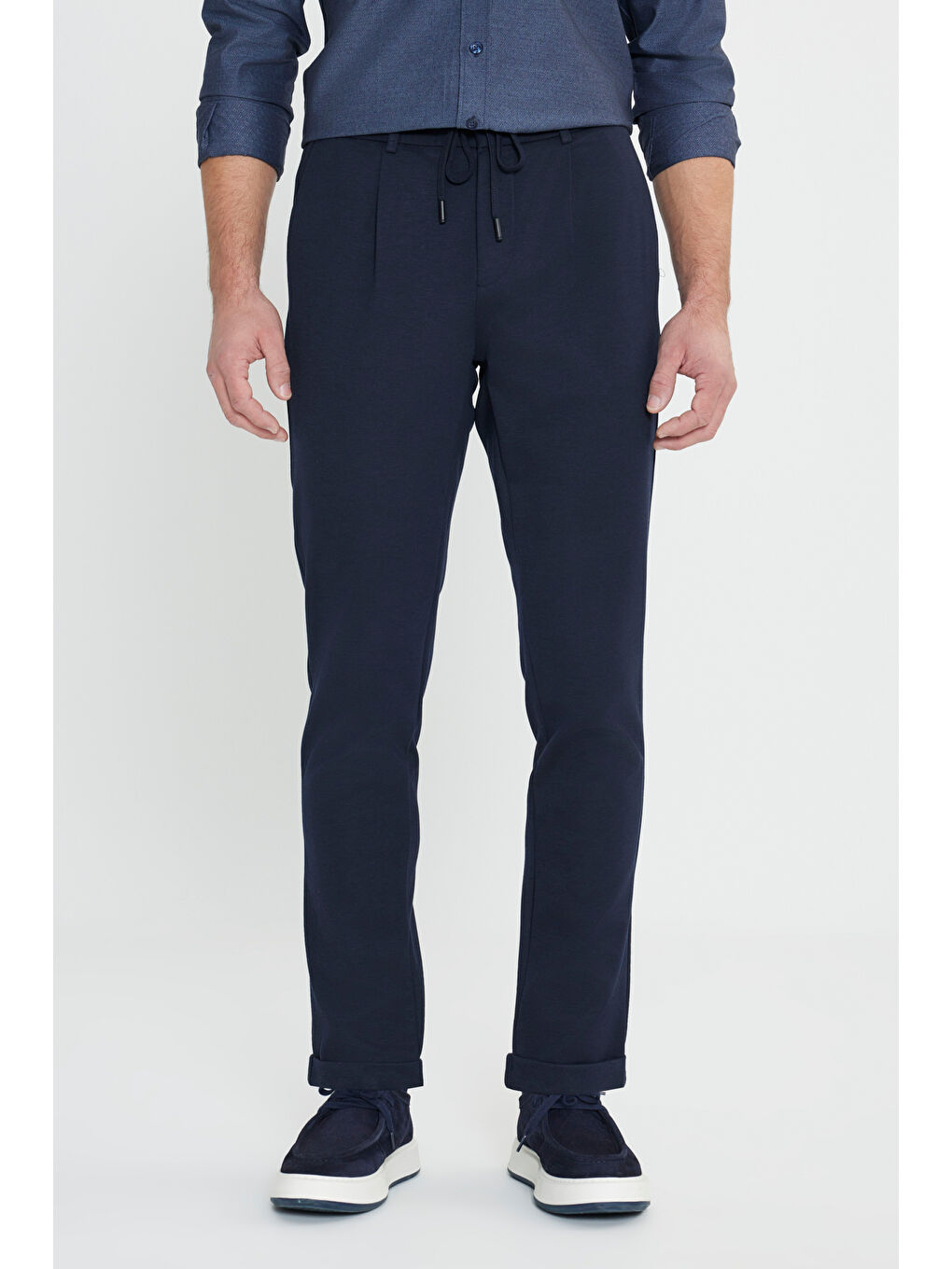 Erkek Lacivert Slim Fit Dar Kesim Beli Bağlamalı Yan Cep Esnek Casual Pantolon