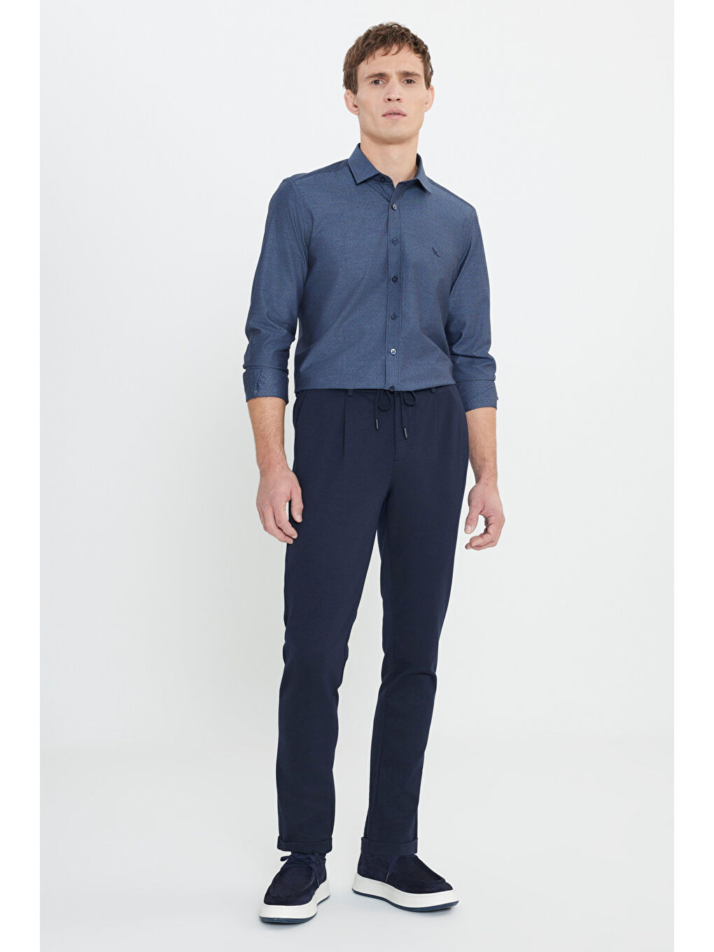 Erkek Lacivert Slim Fit Dar Kesim Beli Bağlamalı Yan Cep Esnek Casual Pantolon-1