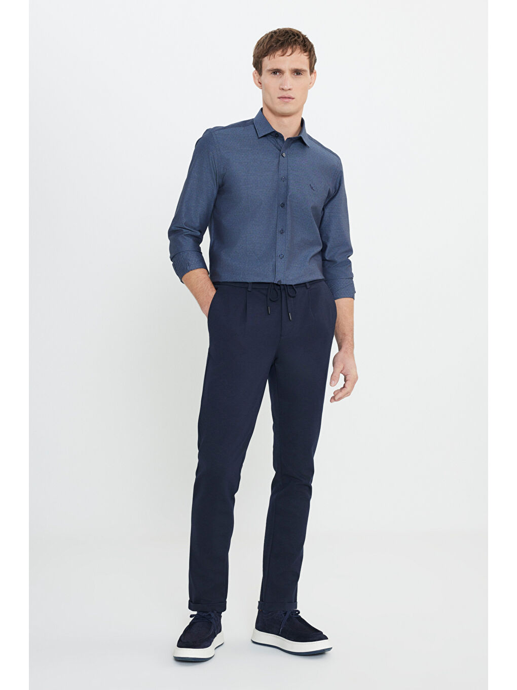 Erkek Lacivert Slim Fit Dar Kesim Beli Bağlamalı Yan Cep Esnek Casual Pantolon-2