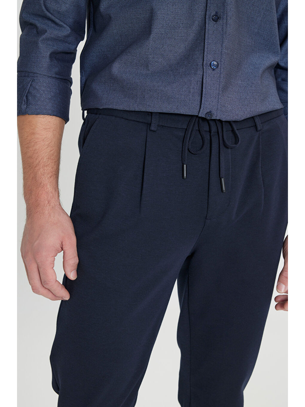 Erkek Lacivert Slim Fit Dar Kesim Beli Bağlamalı Yan Cep Esnek Casual Pantolon-3