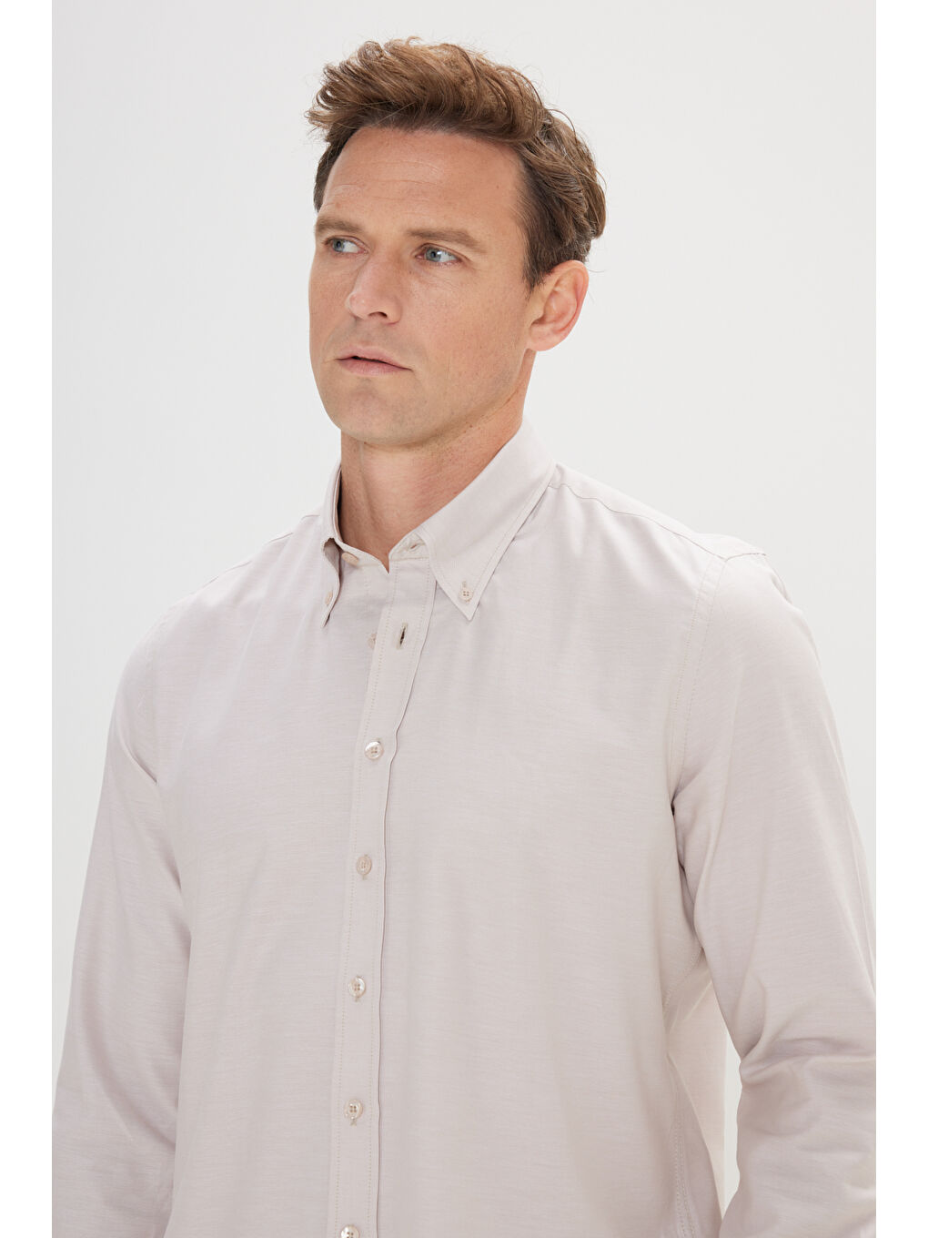 Erkek Bej Slim Fit Dar Kesim Düğmeli Yaka %100 Pamuk Oxford Gömlek-2