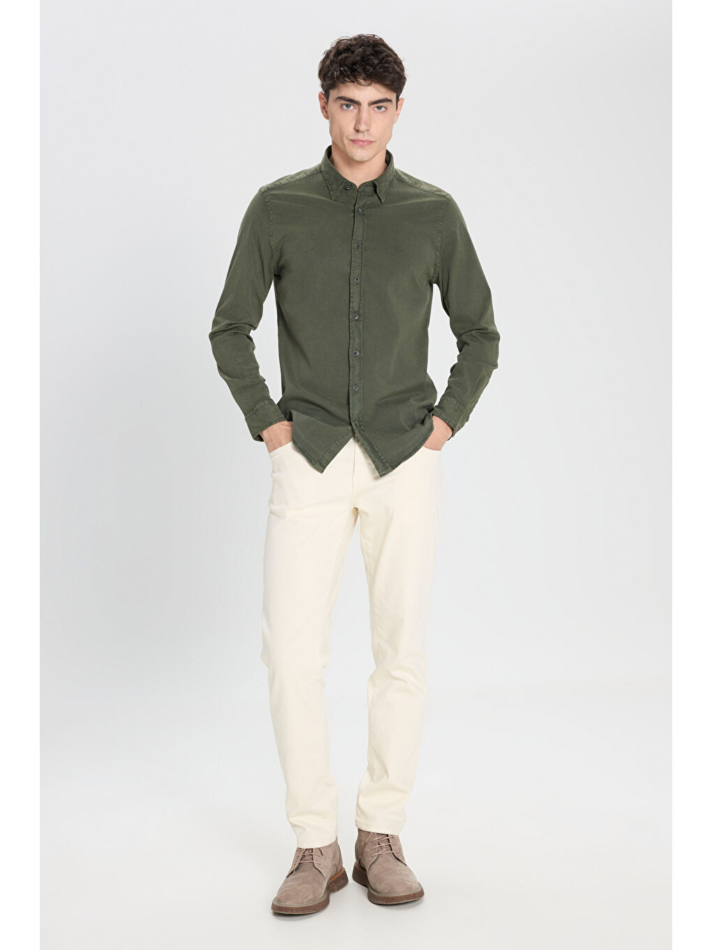 Erkek Haki Slim Fit Dar Kesim Gizli Düğme Yaka Pamuklu Gömlek-1