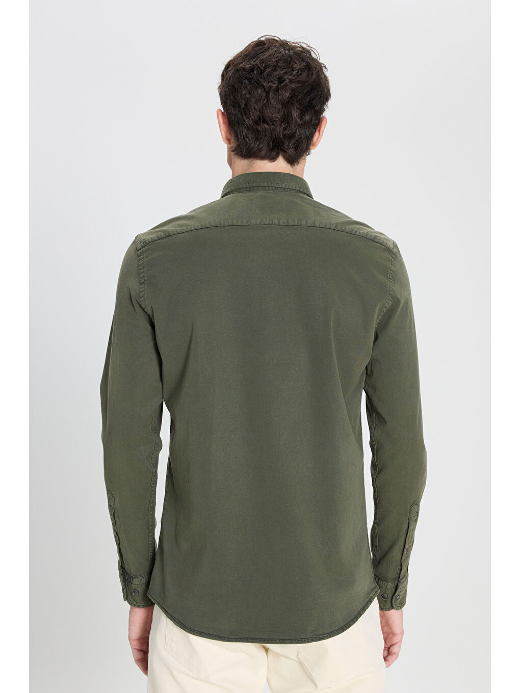 Erkek Haki Slim Fit Dar Kesim Gizli Düğme Yaka Pamuklu Gömlek-4