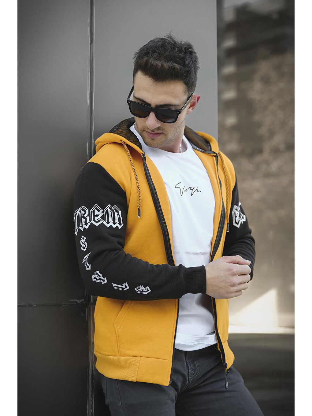 Oksit Sarı Extrem Pamuklu Üç İplik Şardonlu Fermuarlı Kapüşonlu Kol Baskılı Slim Fit Erkek Sweatshirt - 2