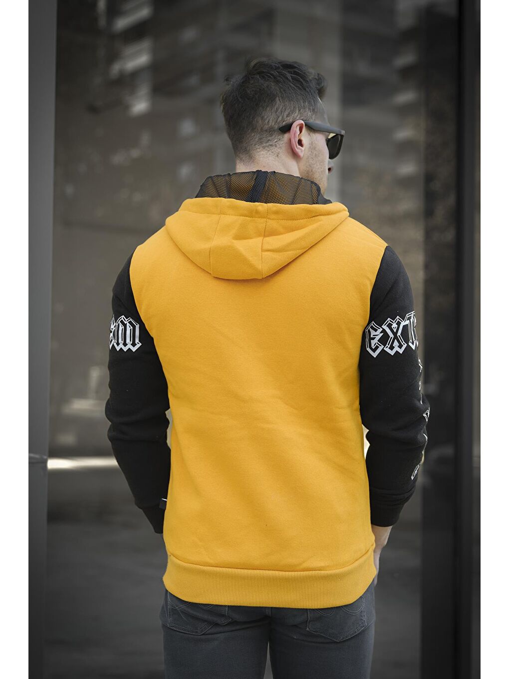 Oksit Sarı Extrem Pamuklu Üç İplik Şardonlu Fermuarlı Kapüşonlu Kol Baskılı Slim Fit Erkek Sweatshirt - 3