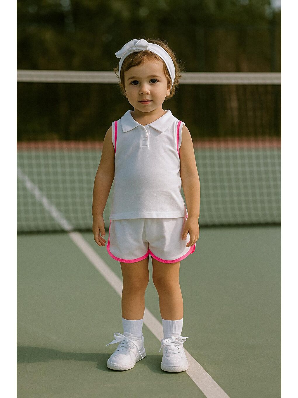 Kız Çocuk Polo Yaka Şerit Detaylı Şortlu Takım - Pembe (3-4 Yaş 8-9 Yaş)