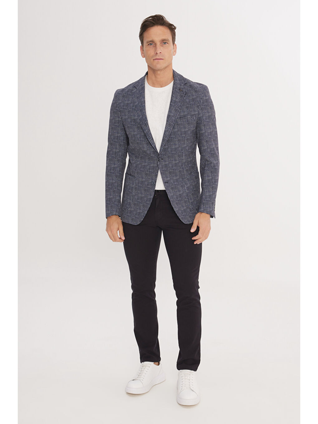 Erkek Lacivert Slim Fit Dar Kesim Mono Yaka Kazayağı Desenli Ceket-1