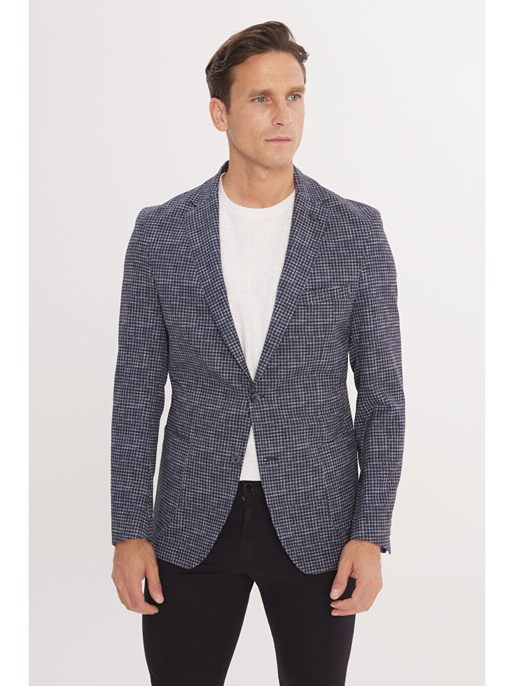 Erkek Lacivert Slim Fit Dar Kesim Mono Yaka Kazayağı Desenli Ceket-2