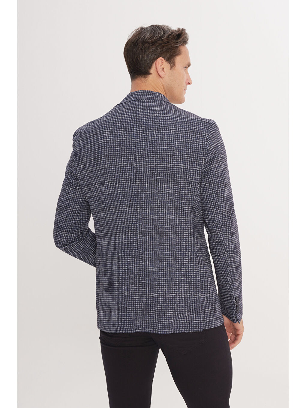 Erkek Lacivert Slim Fit Dar Kesim Mono Yaka Kazayağı Desenli Ceket-4