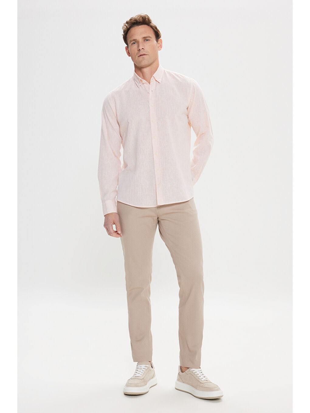 Erkek Turuncu Comfort Fit Rahat Kesim Pamuklu Gizli Düğme Yaka Gömlek-1