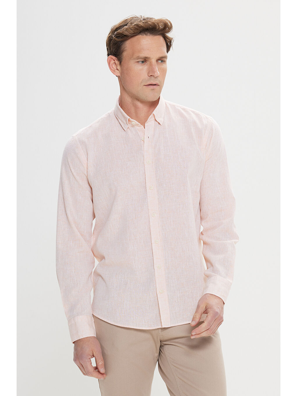 Erkek Turuncu Comfort Fit Rahat Kesim Pamuklu Gizli Düğme Yaka Gömlek-2