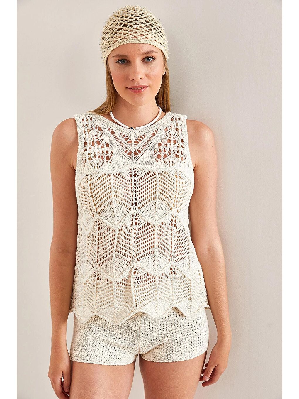 Ekru Kadın Desenli Triko Bluz