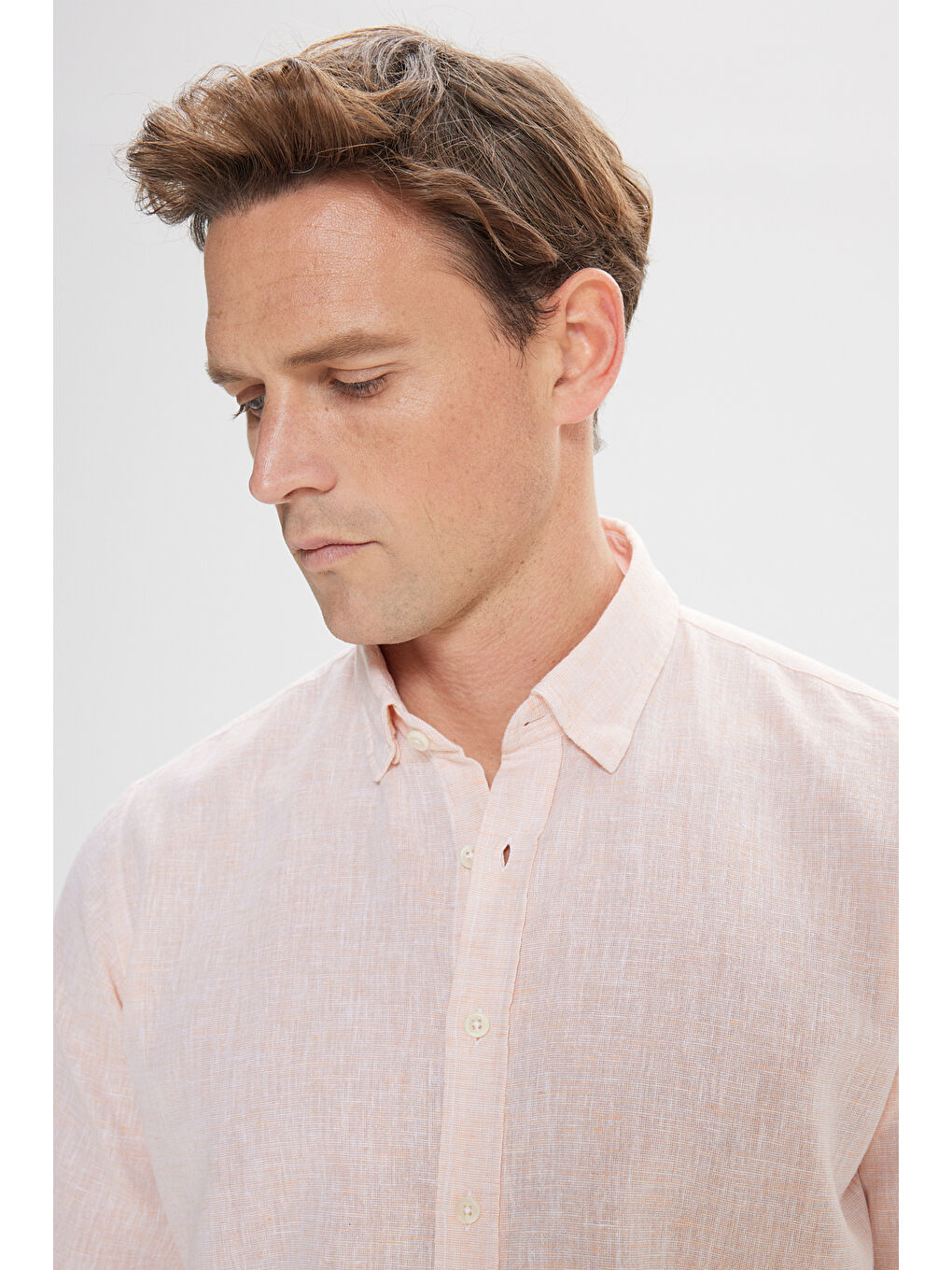 Erkek Turuncu Comfort Fit Rahat Kesim Pamuklu Gizli Düğme Yaka Gömlek-3