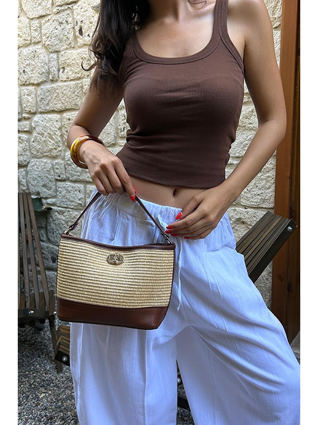 Kahverengi Urban Hasır Görünümlü Kilitli Omuz Çanta Taba-5