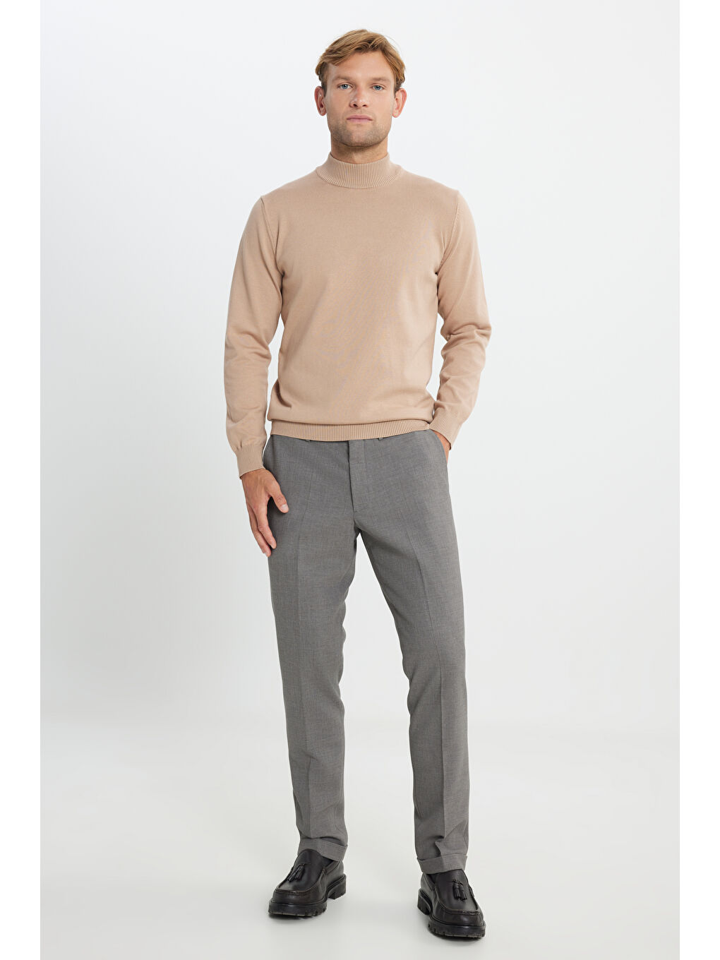 Erkek Bej Pamuklu Standart Fit Normal Kesim Yarım Balıkçı Yaka Triko Kazak-1