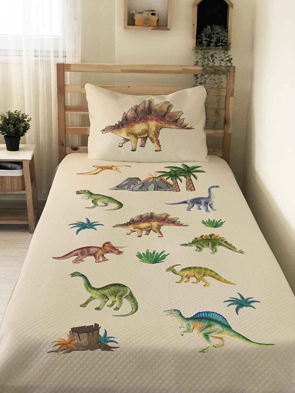 EVMİLA Karışık Dinozor Desenli, Baskılı Tek Kişilik ve Çocuk Pike Takımı 160x220 Cm