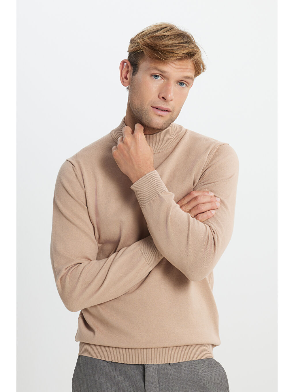 Erkek Bej Pamuklu Standart Fit Normal Kesim Yarım Balıkçı Yaka Triko Kazak-3