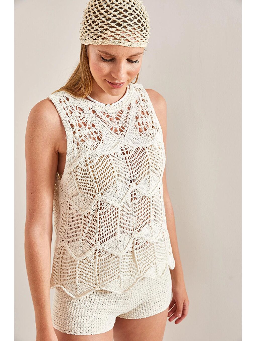 Ekru Kadın Desenli Triko Bluz-1