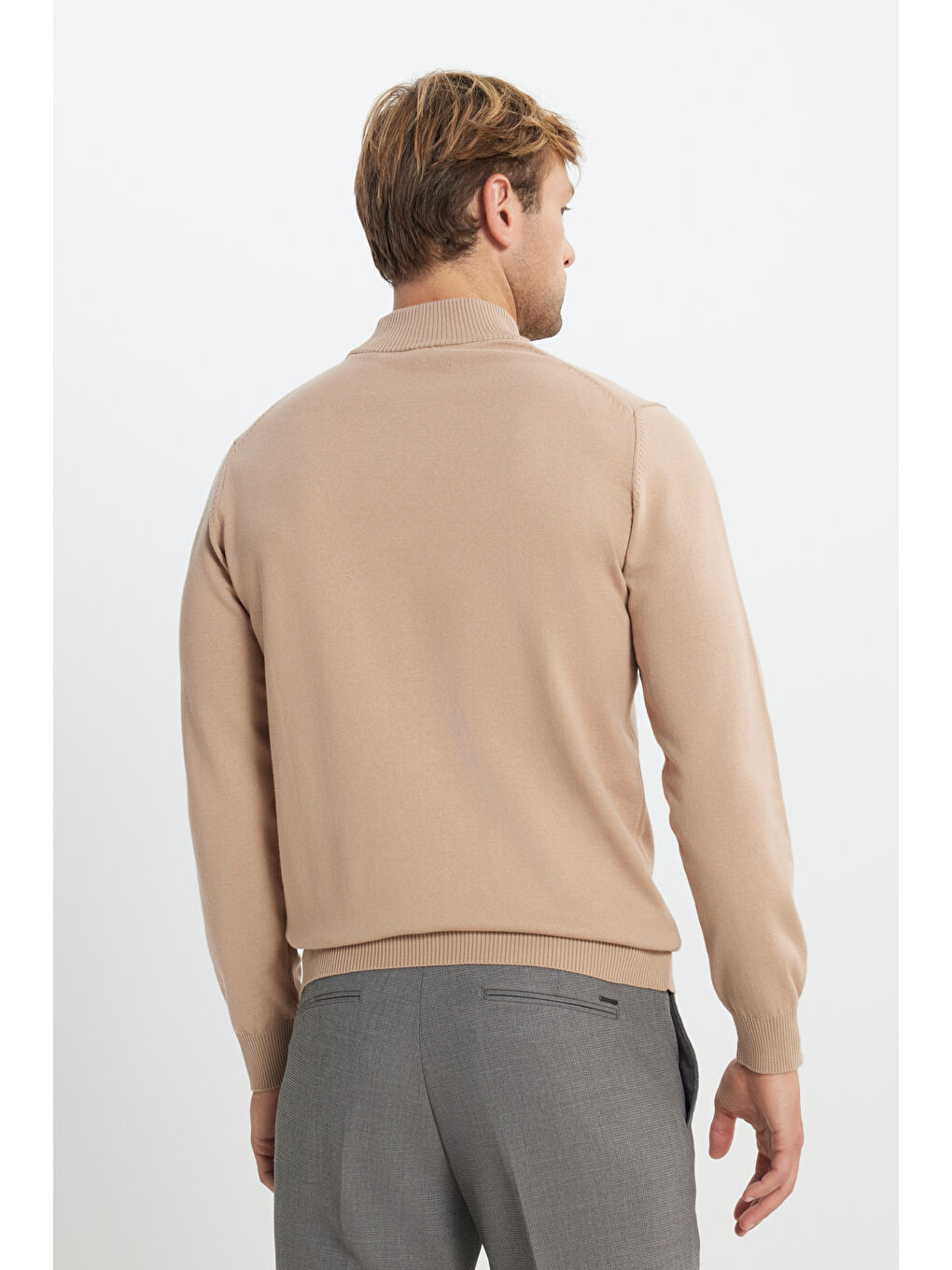 Erkek Bej Pamuklu Standart Fit Normal Kesim Yarım Balıkçı Yaka Triko Kazak-5