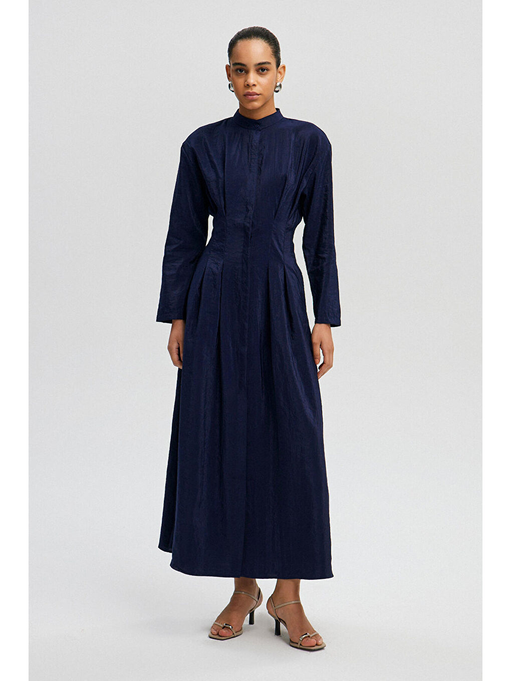 Lacivert Pileli Kupra Elbise