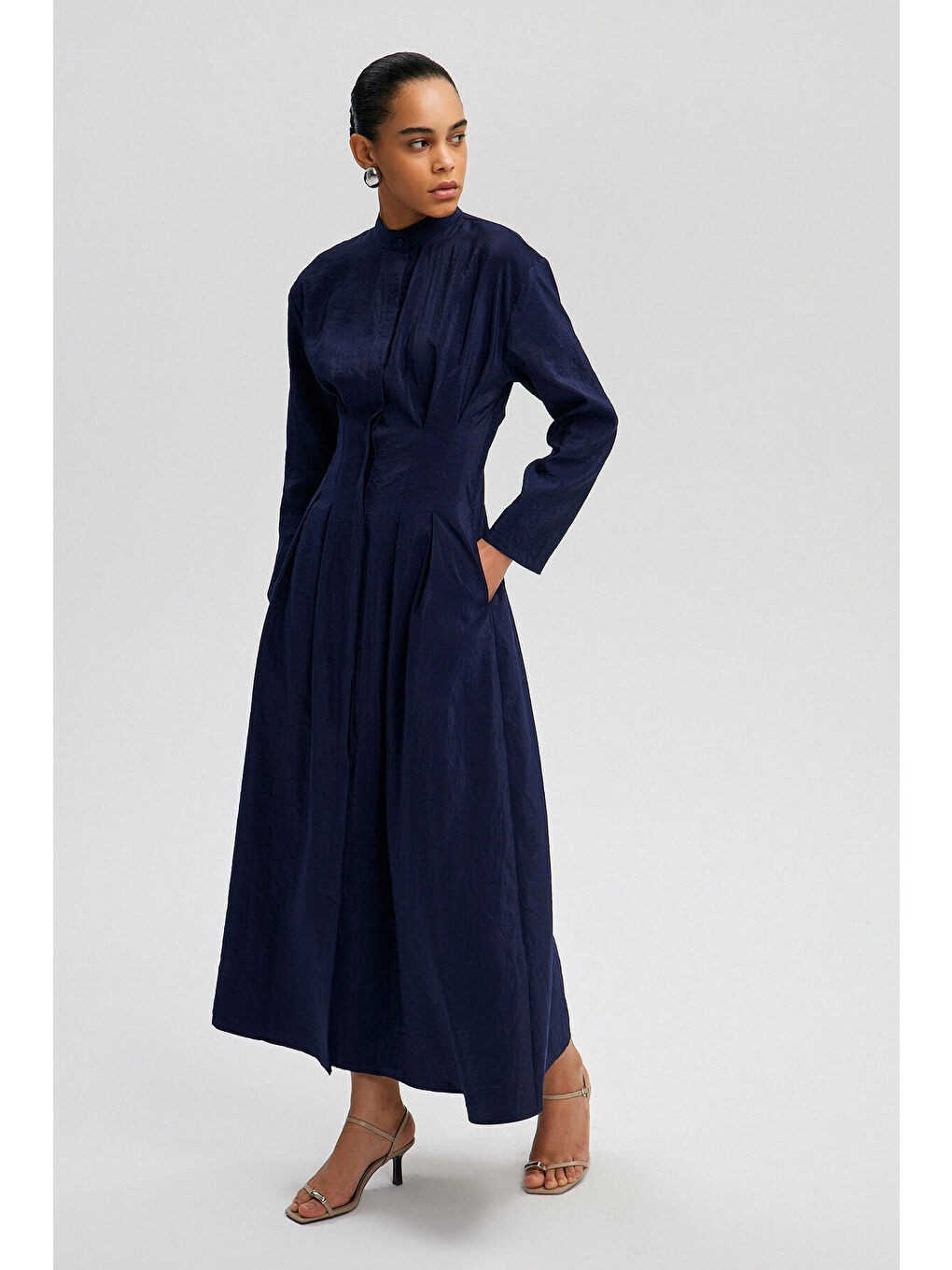 Lacivert Pileli Kupra Elbise-1