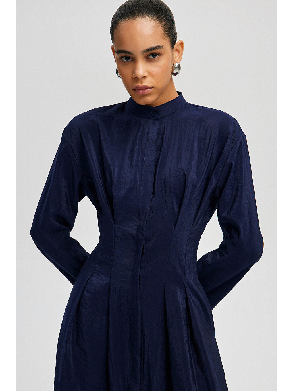 Lacivert Pileli Kupra Elbise-2