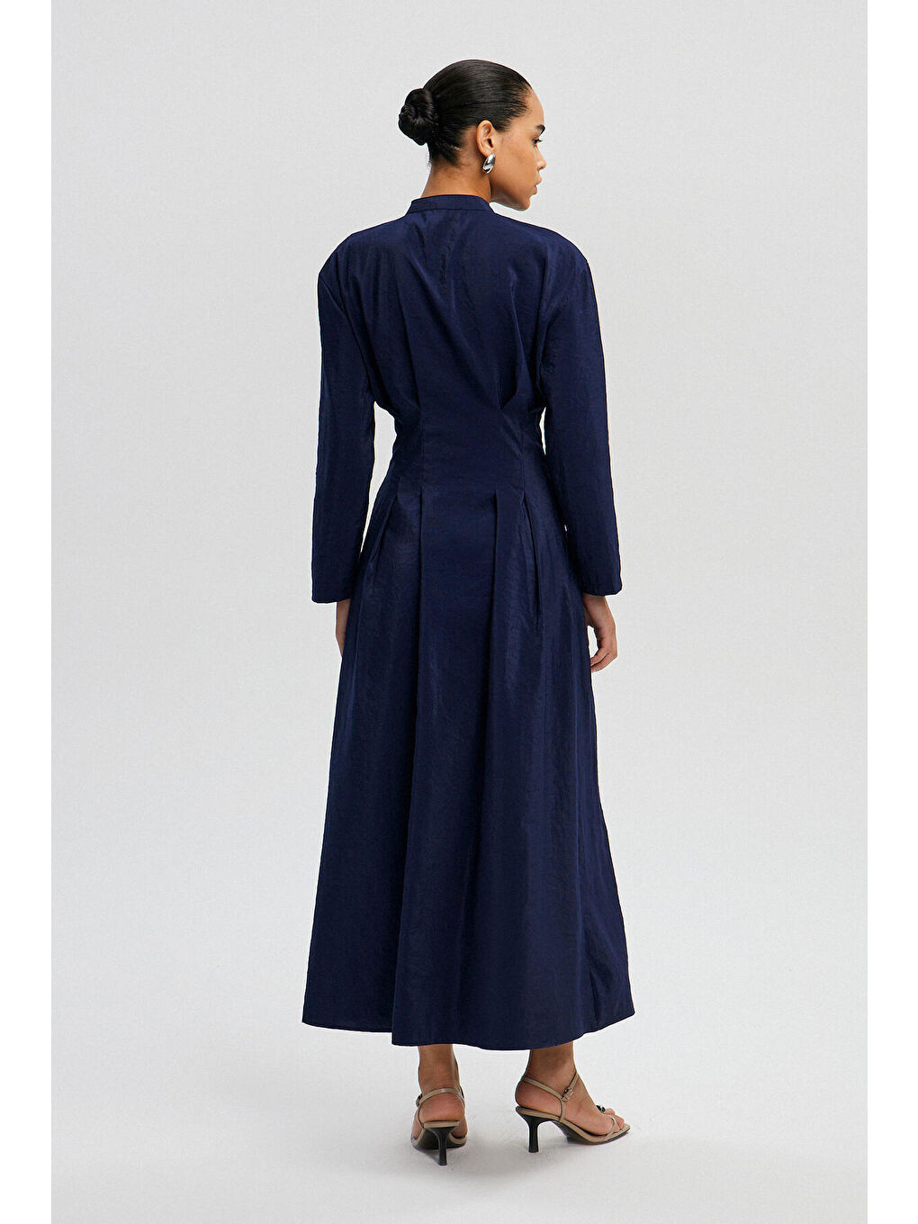 Lacivert Pileli Kupra Elbise-4