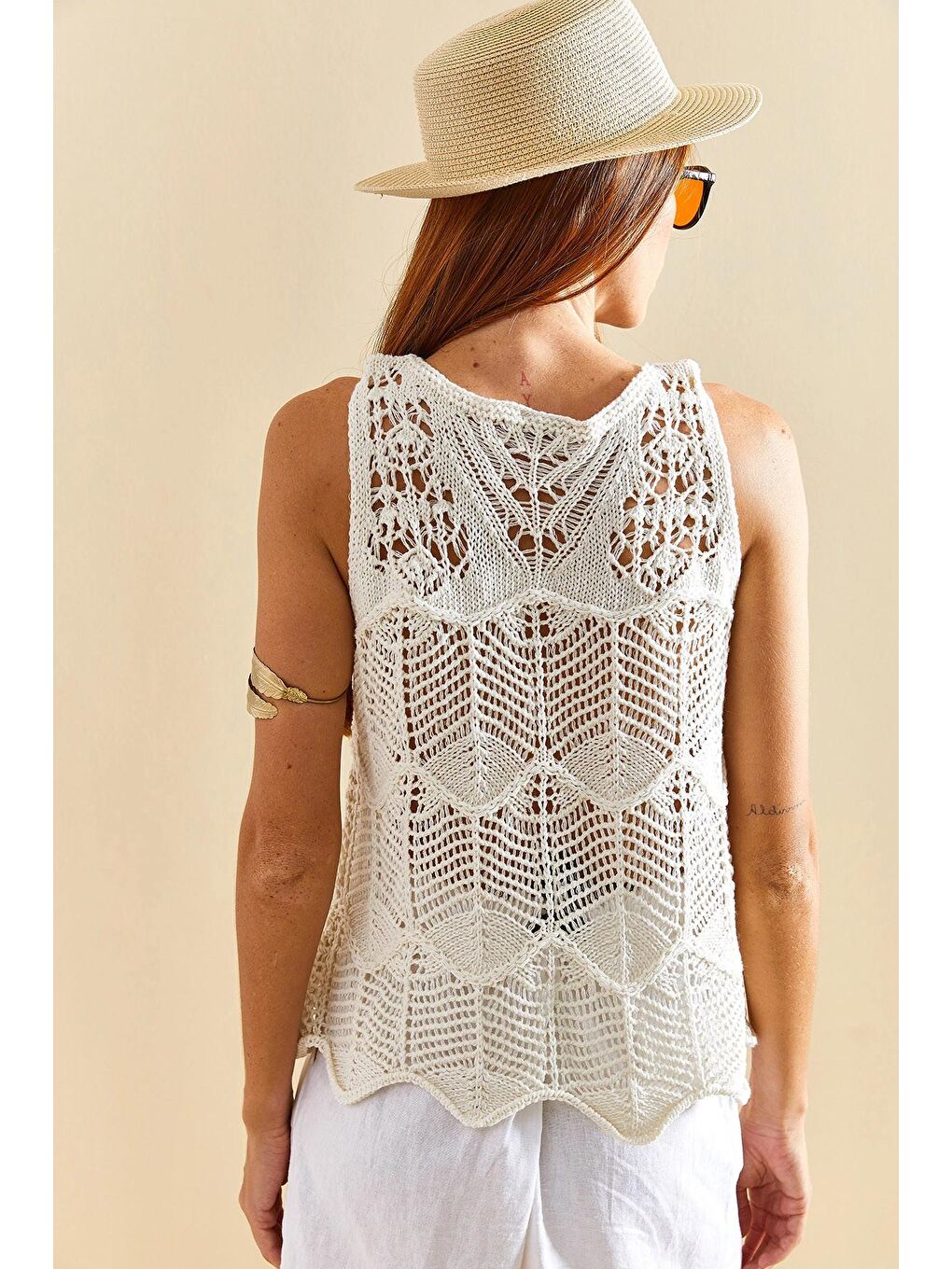 Ekru Kadın Desenli Triko Bluz-2