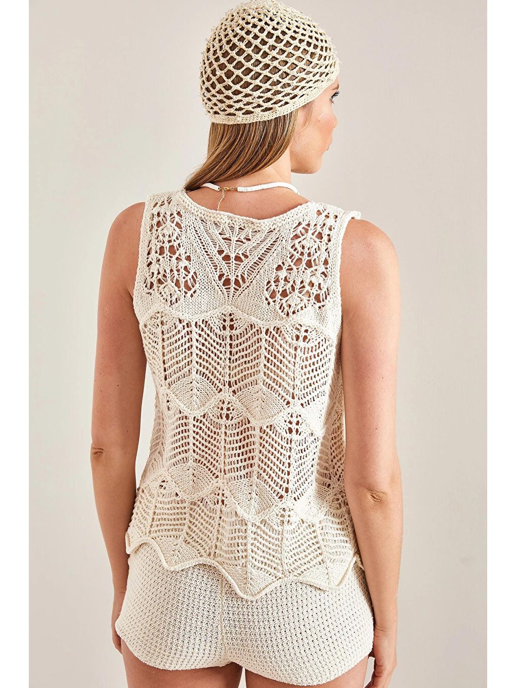 Ekru Kadın Desenli Triko Bluz-3