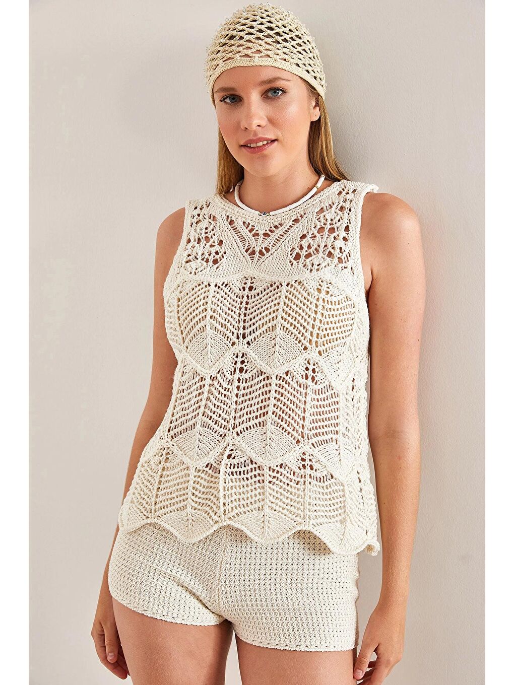 Ekru Kadın Desenli Triko Bluz-4