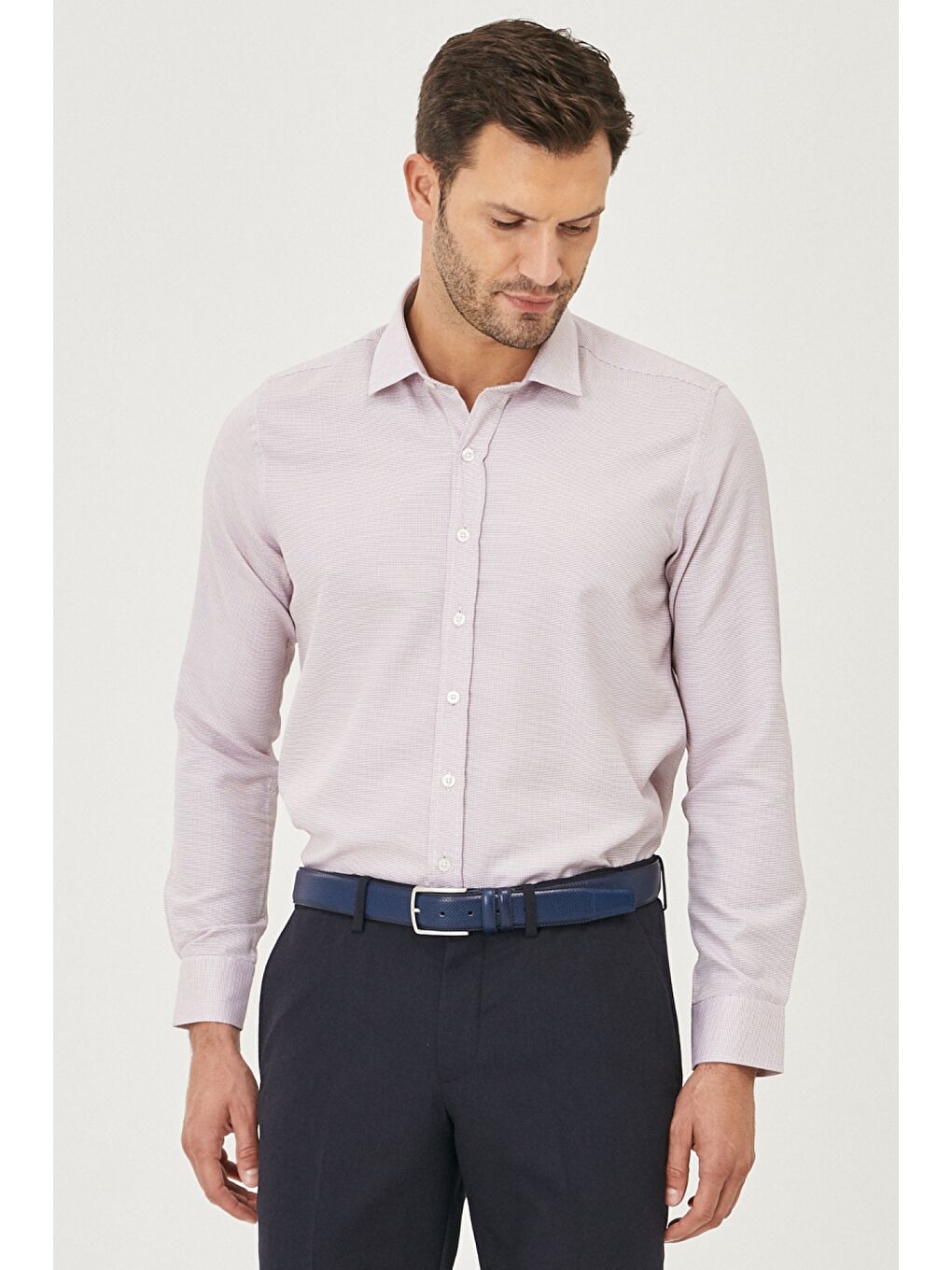 Erkek Beyaz-Bordo Slim Fit Dar Kesim Klasik Yaka Armürlü Gömlek-1