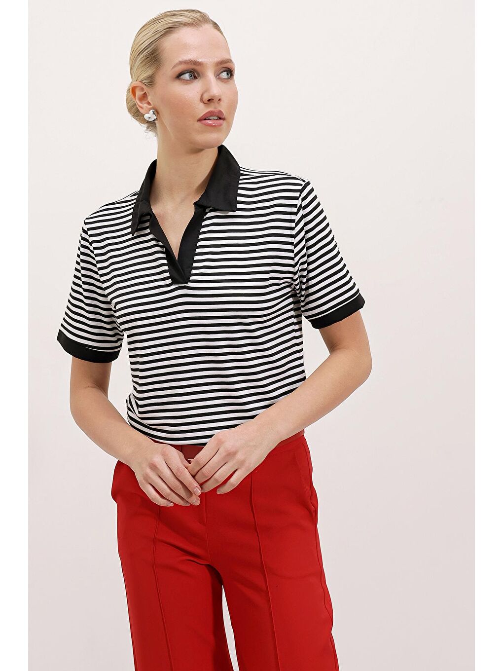 Polo Yaka Çizgili Tişört - Siyah-1