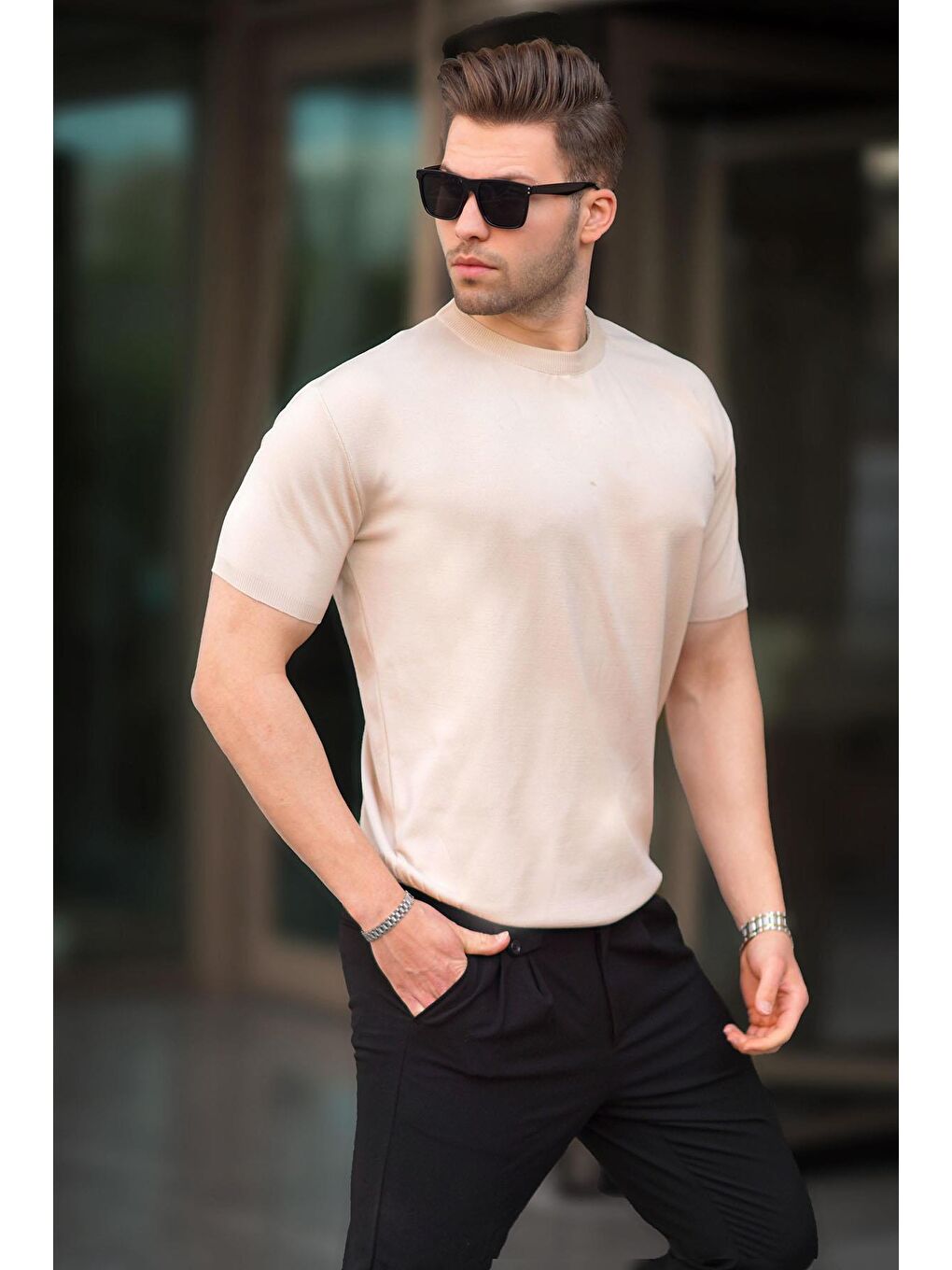 Bej Bisiklet Yaka Basic Erkek Tişört 6883