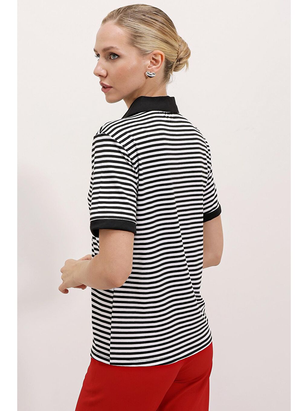 Polo Yaka Çizgili Tişört - Siyah-3