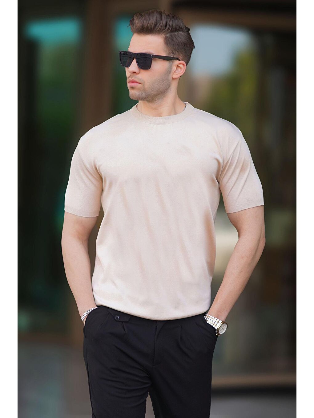 Bej Bisiklet Yaka Basic Erkek Tişört 6883-1