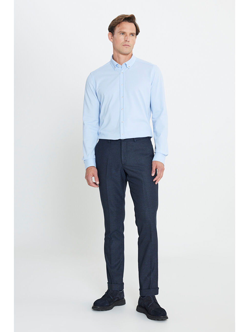 Erkek Lacivert Slim Fit Dar Kesim Beli Gizli Lastikli Yan Cepli Desenli Klasik Pantolon