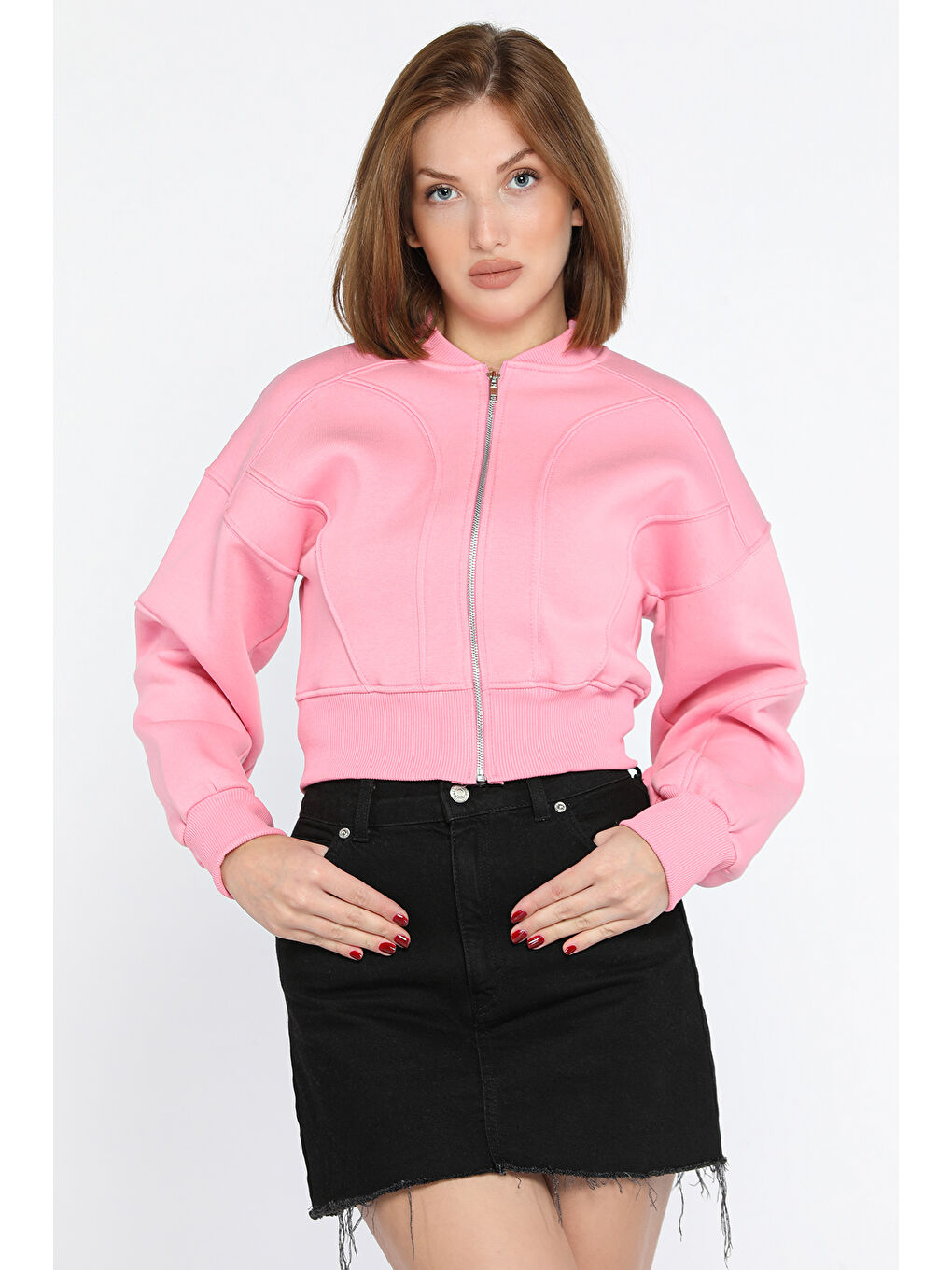 GÜLSELİ Pembe Fermuarlı Crop Top Sweatshirt