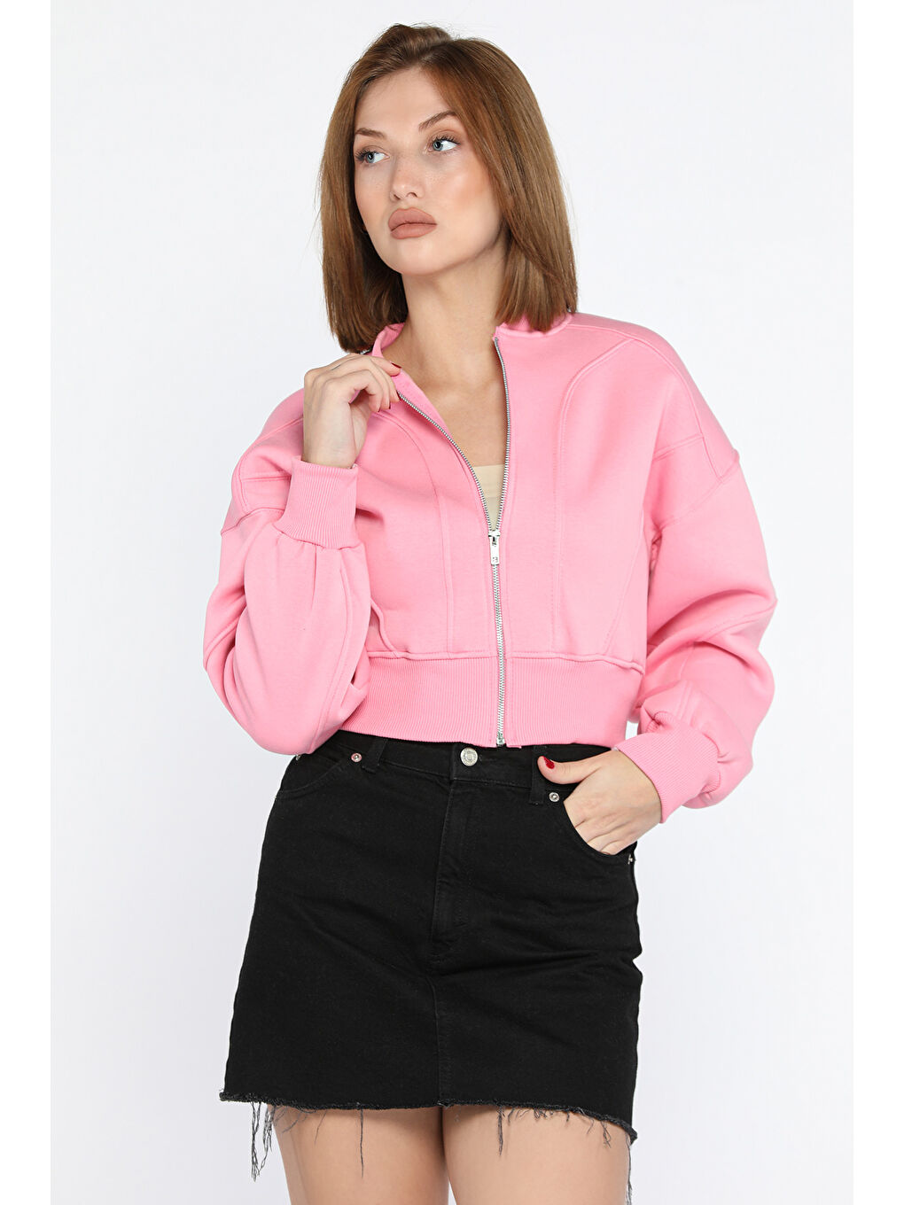 GÜLSELİ Pembe Fermuarlı Crop Top Sweatshirt - 1