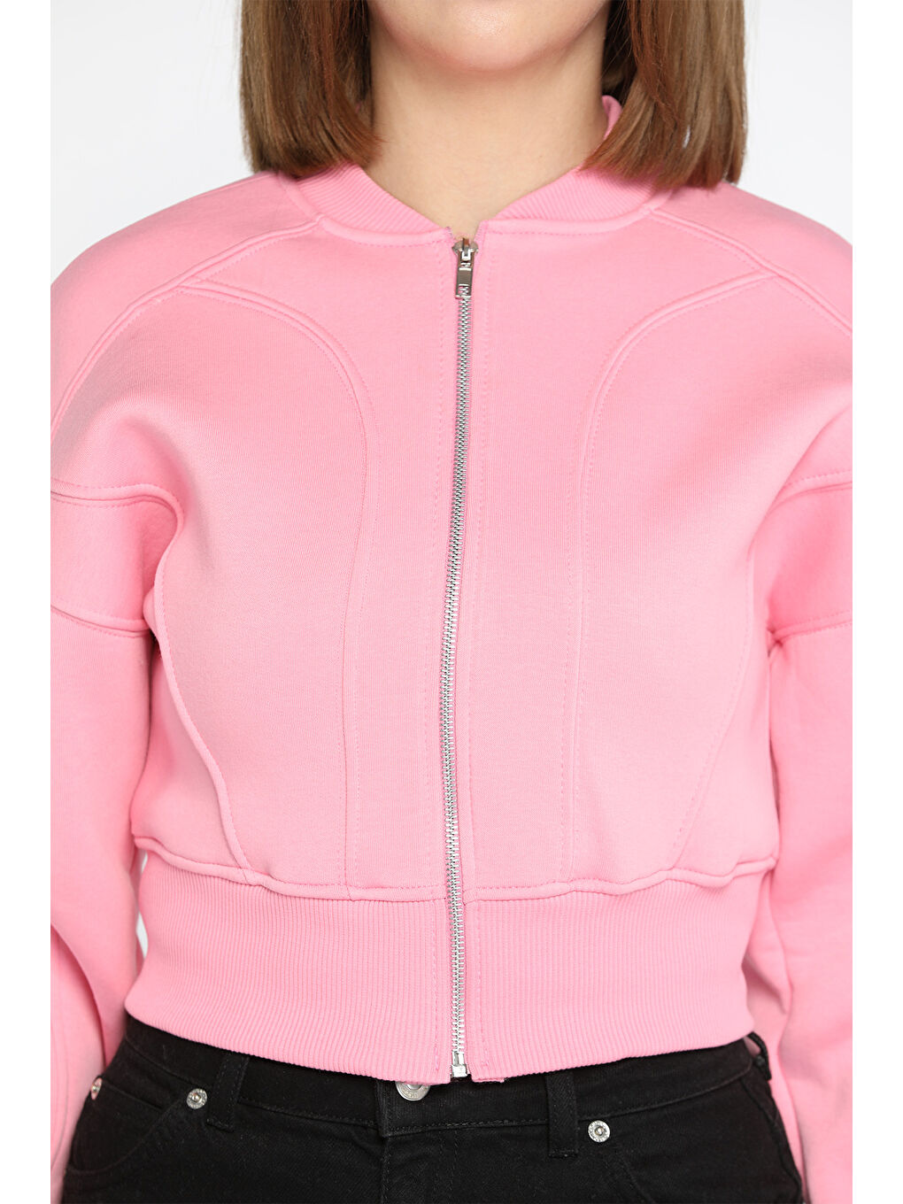 GÜLSELİ Pembe Fermuarlı Crop Top Sweatshirt - 3