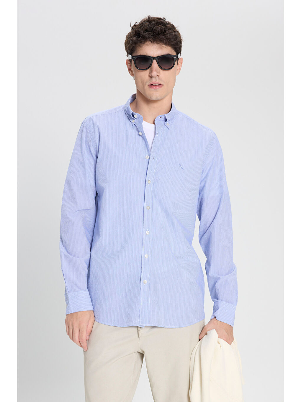 Erkek Beyaz-Mavi Slim Fit Dar Kesim Düğmeli Yaka %100 Pamuk Çizgili Gömlek-2