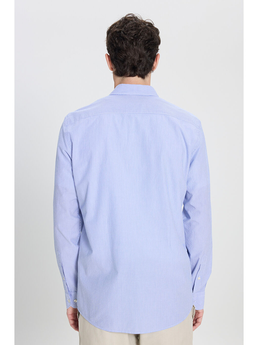 Erkek Beyaz-Mavi Slim Fit Dar Kesim Düğmeli Yaka %100 Pamuk Çizgili Gömlek-4