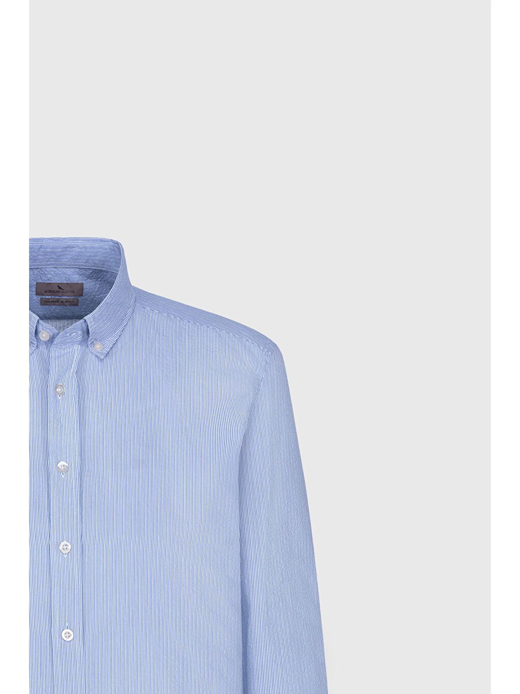 Erkek Beyaz-Mavi Slim Fit Dar Kesim Düğmeli Yaka %100 Pamuk Çizgili Gömlek-6