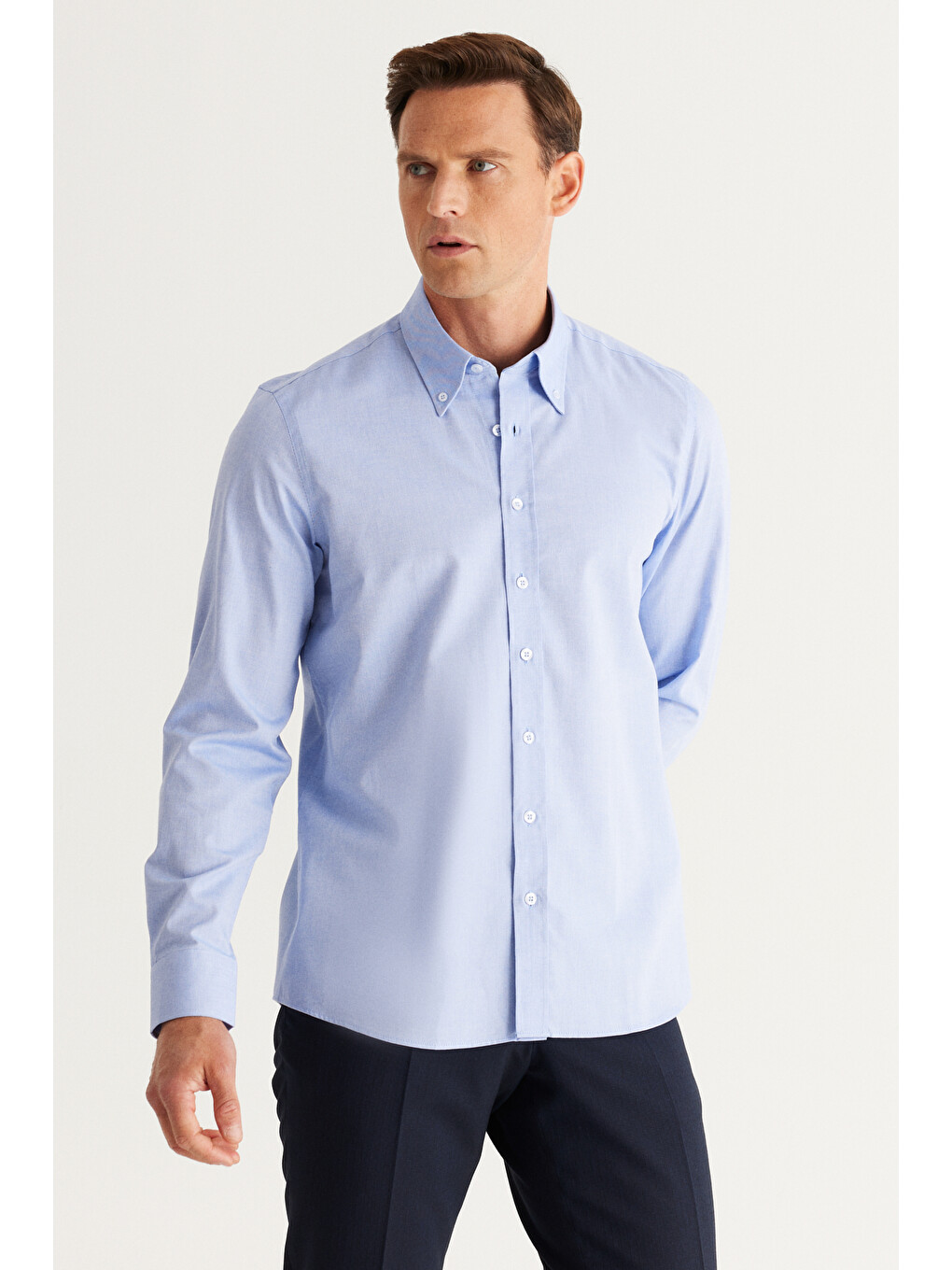 Erkek Mavi Slim Fit Dar Kesim Düğmeli Yaka %100 Pamuk Oxford Gömlek